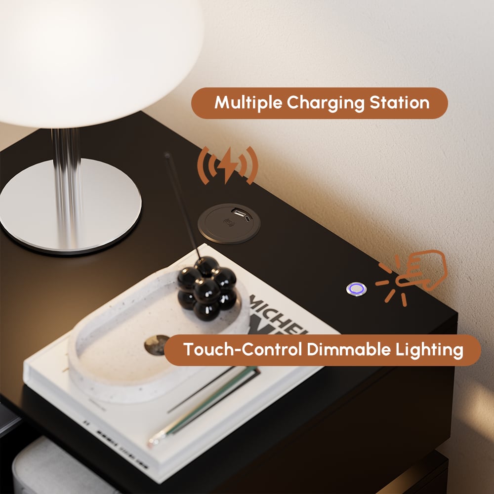 Homary Lumio 3-Drawer LED Smart Nightstand Black With Light