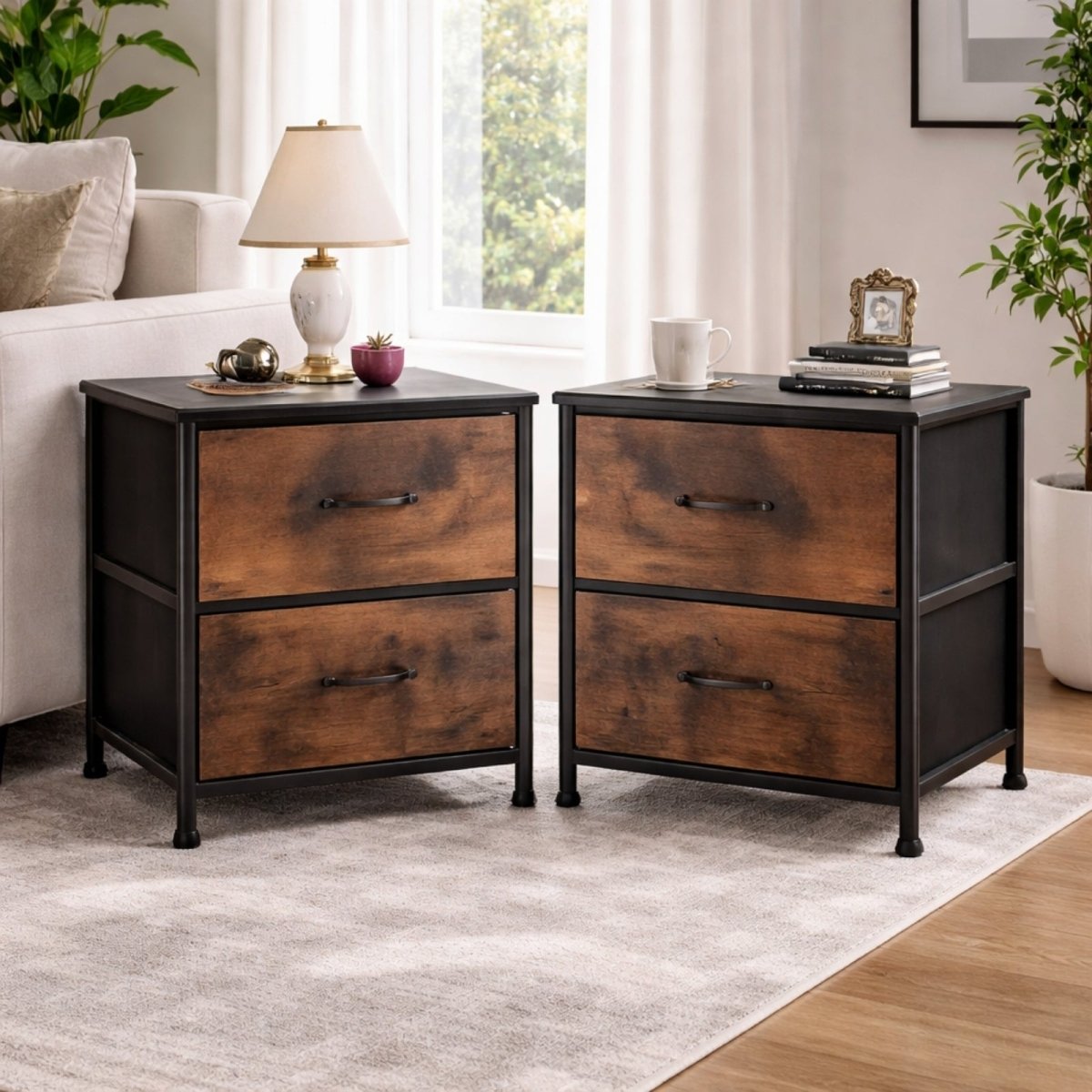 Kouvr Aurora 2-Drawer Industrial Nightstand with Fabric Drawers