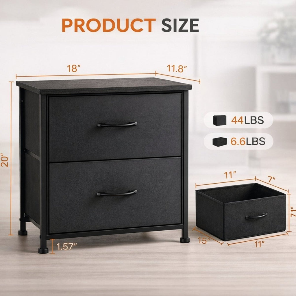 Kouvr Aurora 2-Drawer Industrial Nightstand with Fabric Drawers