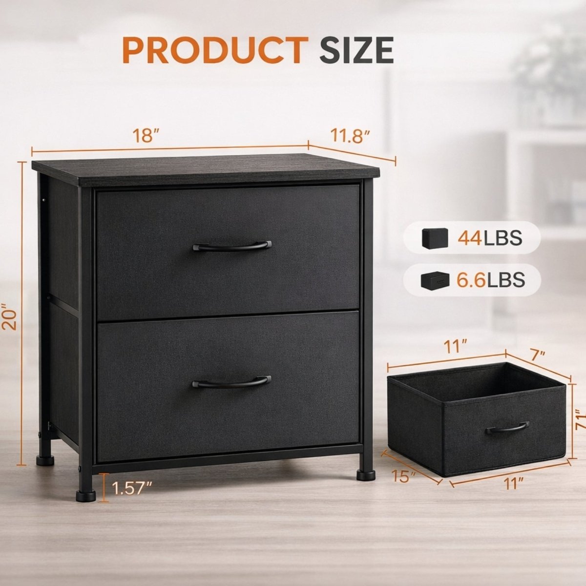Kouvr Aurora 2-Drawer Industrial Nightstand with Fabric Drawers