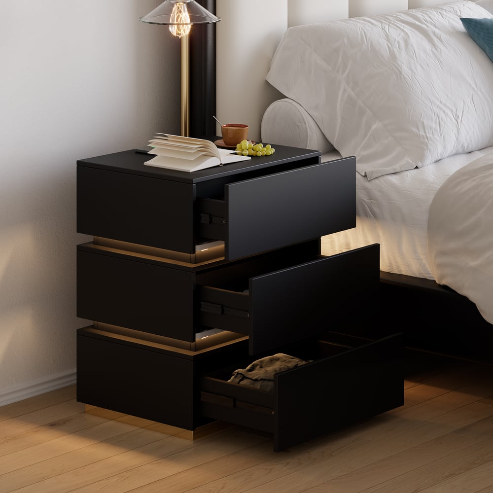 Homary Lumio 3-Drawer LED Smart Nightstand Black With Light