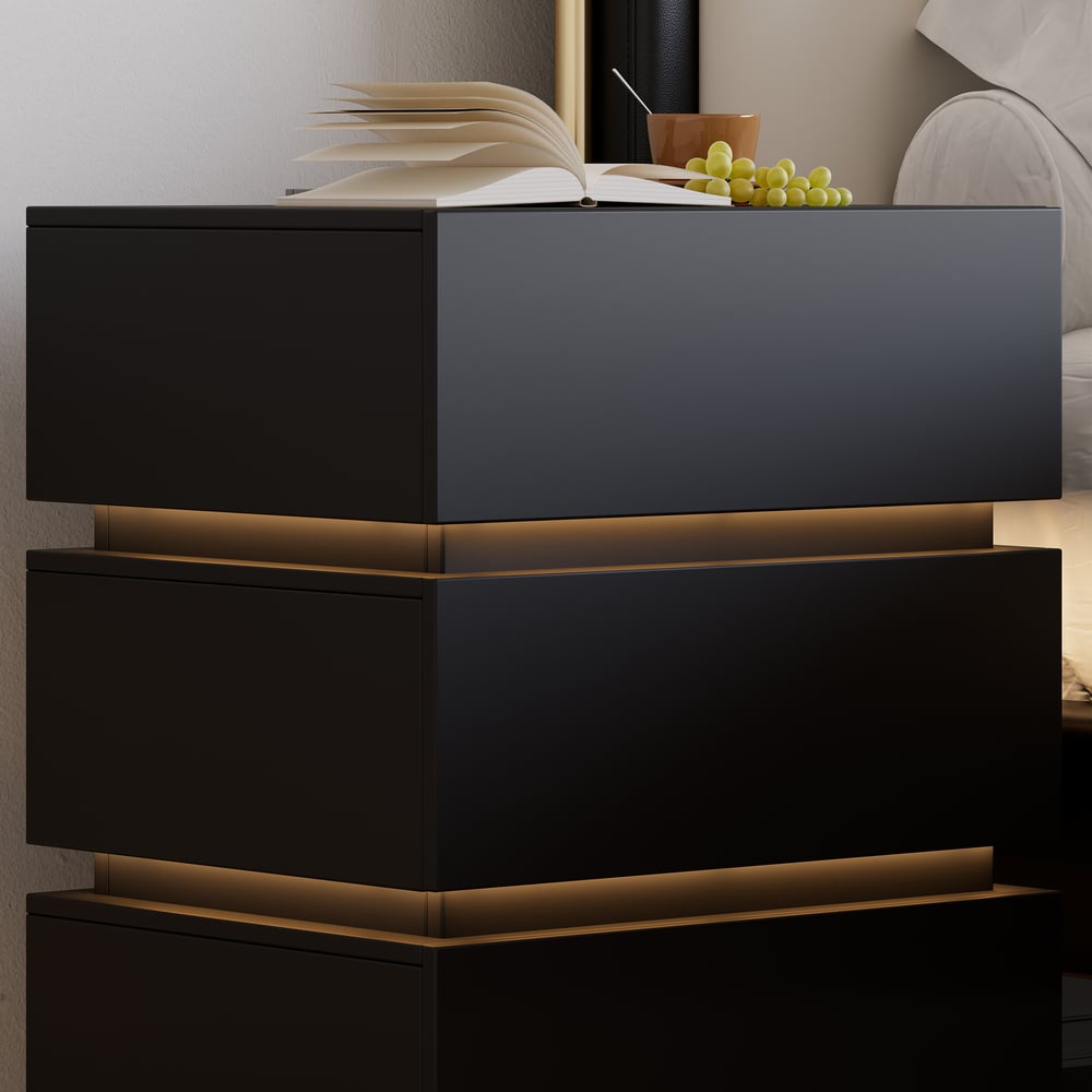 Homary Lumio 3-Drawer LED Smart Nightstand Black With Light