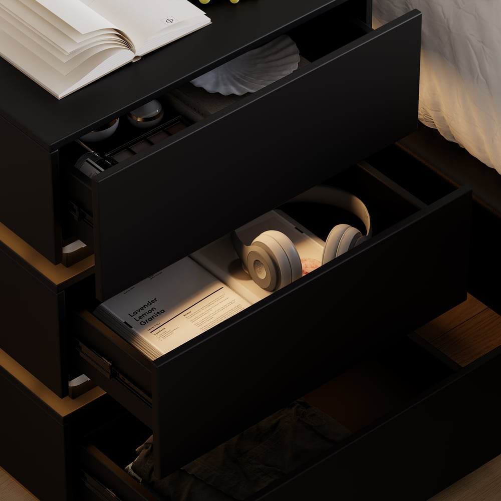 Homary Lumio 3-Drawer LED Smart Nightstand Black With Light