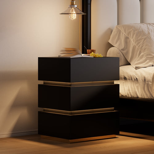 Homary Lumio 3-Drawer LED Smart Nightstand Black With Light