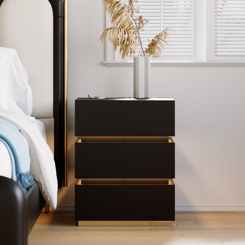 Homary Lumio 3-Drawer LED Smart Nightstand Black With Light