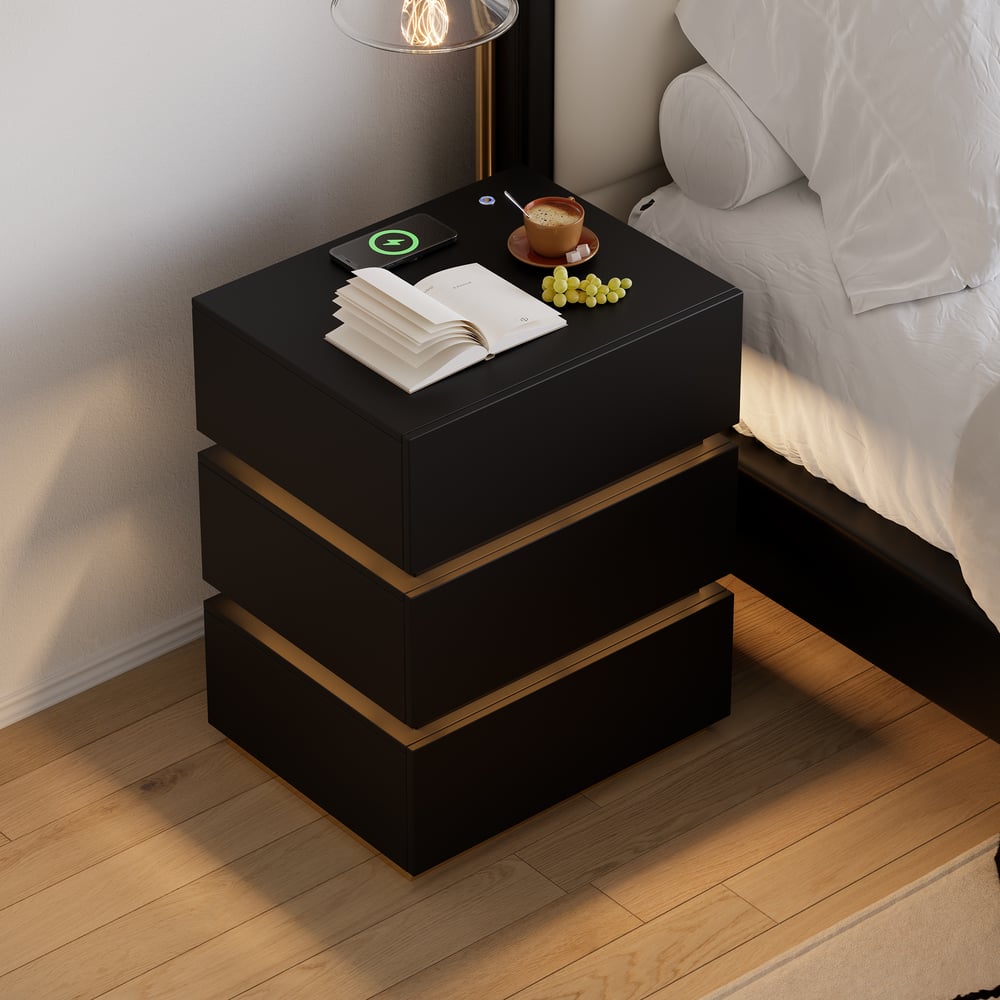 Homary Lumio 3-Drawer LED Smart Nightstand Black With Light