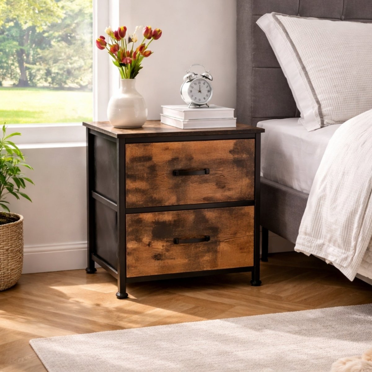 Kouvr Aurora 2-Drawer Industrial Nightstand with Fabric Drawers