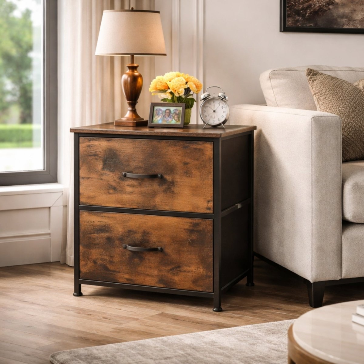 Kouvr Aurora 2-Drawer Industrial Nightstand with Fabric Drawers